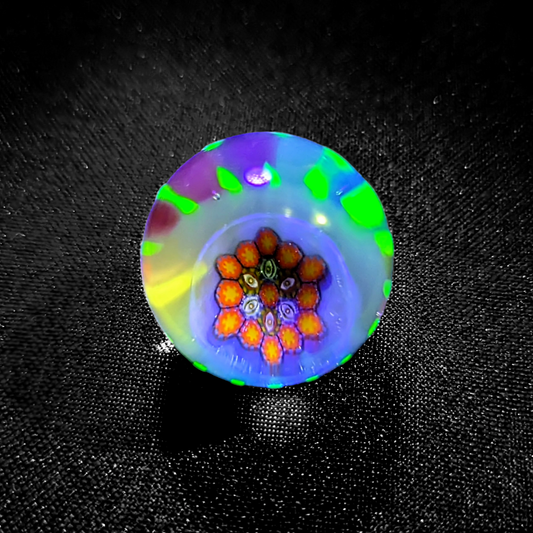 Banjo x Karma Visioncaine, 2023 UV Reactive Borosilicate Glass Marble 28.5 mm Hand blown glass made by Banjo and Karma