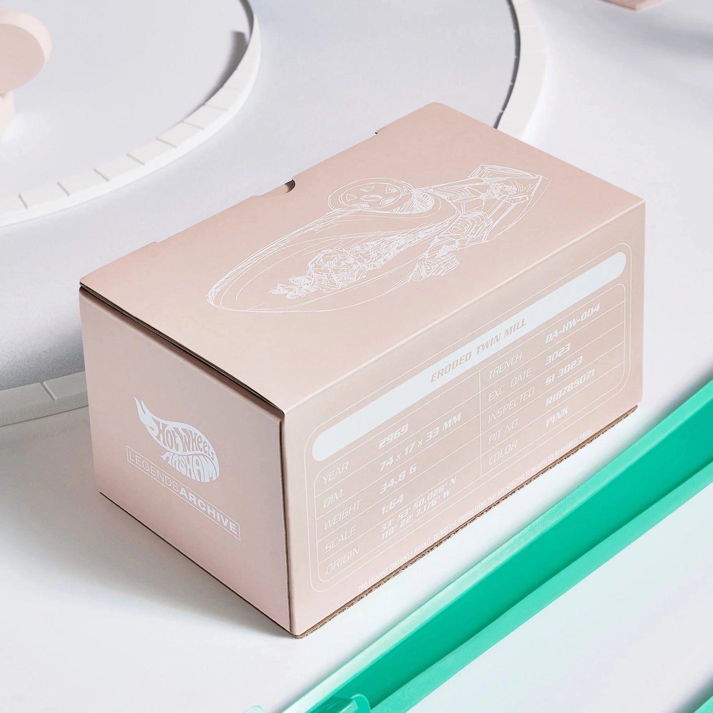 Daniel Arsham x Hot Wheels Eroded Twin Mill, 2024 Features: Crystallized erosions Body Color: Arsham Pink Body Type: Silkstone Chassis: ZAMAC Wheels: Arsham pink Real Riders 5-spoke classic wheels Scale 1:64 Includes sealing label and Certificate of Authenticity Packaged in a collector display case with simulated concrete base.