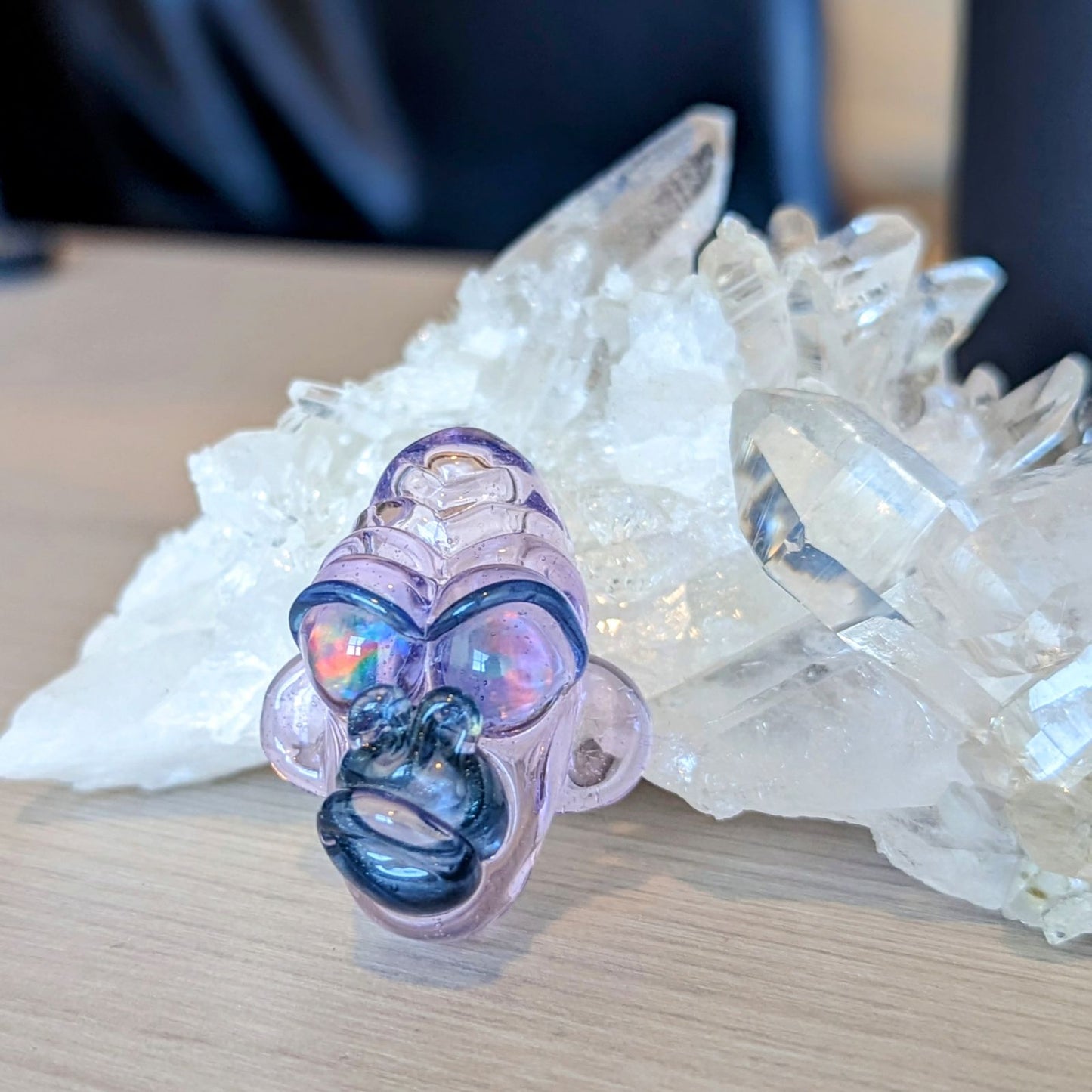 Firefly Closed Mouth Gorilla, 2016 Mini Borosilicate Glass Pendant with Opal Eyes Approx. 1.5 x 1.15 in Hand blown glass by Firefly (Nick Nowak). Signed "Firefly" + Dated "2016"