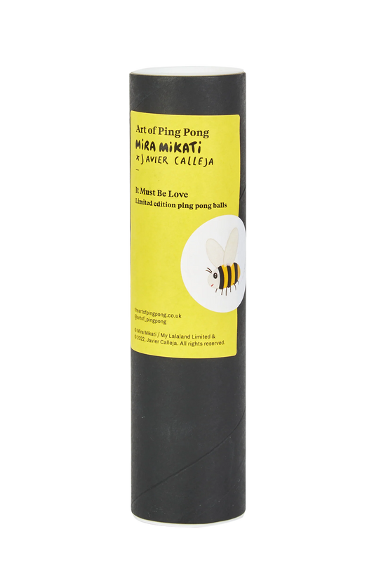 Javier Calleja x Mira Mikati Tennis Ball Set Colour: White Part of the Mira Mikati x Javier Calleja collaboration Spanish artist, Javier Calleja balances the saccharine and cynical in wide-eyed portraits that have been translated into a fun collaboration with Mira Mikati. Included is this set of Table Tennis Balls, display or play, depicting artwork of one of Javier’s signature characters chasing bumblebees.