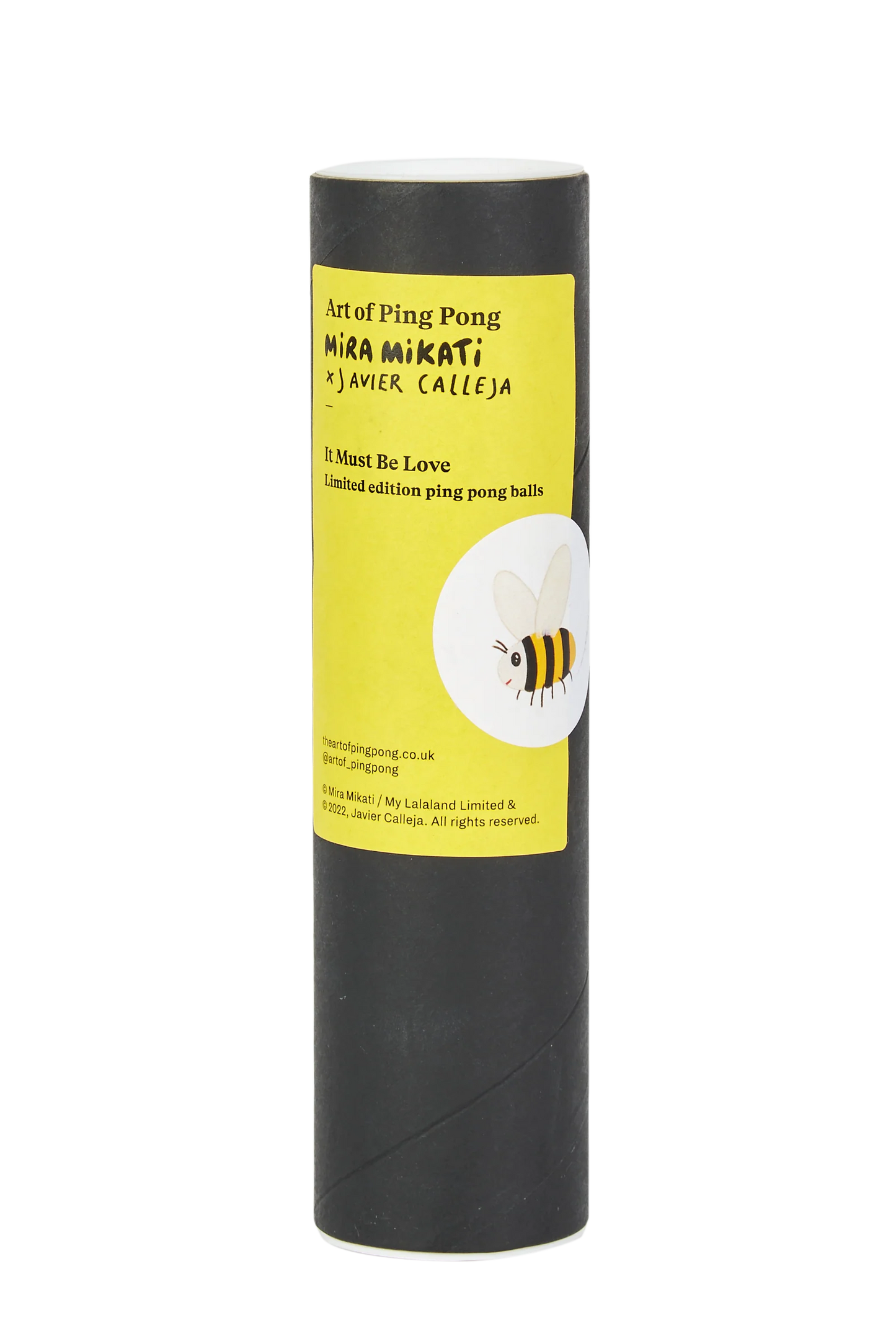 Javier Calleja x Mira Mikati Tennis Ball Set Colour: White Part of the Mira Mikati x Javier Calleja collaboration Spanish artist, Javier Calleja balances the saccharine and cynical in wide-eyed portraits that have been translated into a fun collaboration with Mira Mikati. Included is this set of Table Tennis Balls, display or play, depicting artwork of one of Javier’s signature characters chasing bumblebees.