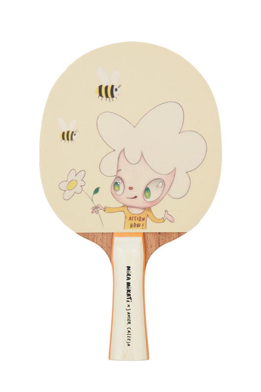 Javier Calleja x Mira Mikati Tennis Bat Set Colour: Multi Table tennis racket set Part of the Mira Mikati x Javier Calleja collaboration Spanish artist, Javier Calleja balances the saccharine and cynical in wide-eyed portraits that have been translated into a fun collaboration with Mira Mikati. Included is this limited edition table tennis bat set that can be used for either display or play, depicting artwork of one of Javier’s signature characters chasing bumblebees.