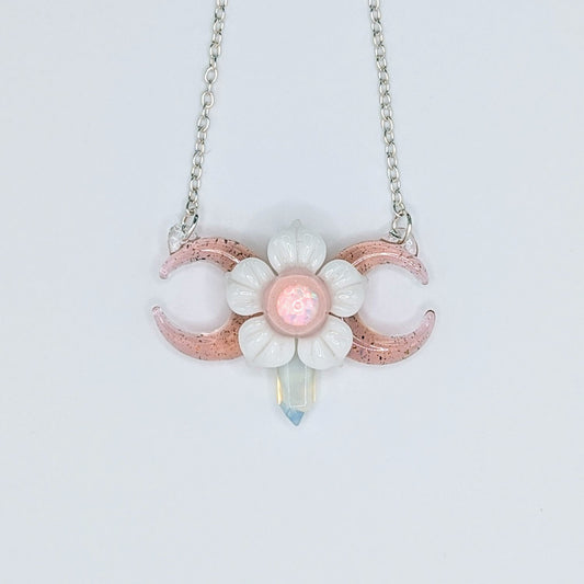 Mars Pink Triple Moon With Flower & Crystal Point, 2024 Borosilicate Glass Pendant Approx. 48 mm x 35.5 mm Hand blown & cold worked borosilicate glass pendant made by Mars.