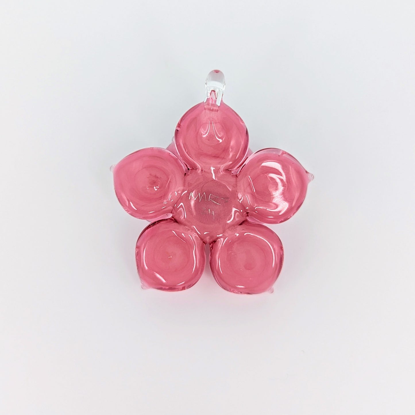 Mars Pink Sparkly Spinning Flower, 2024 Borosilicate Glass Pendant Approx. 40 mm Hand blown & cold worked borosilicate glass pendant featuring transparent pink and Cubic Zirconia center made by Mars.