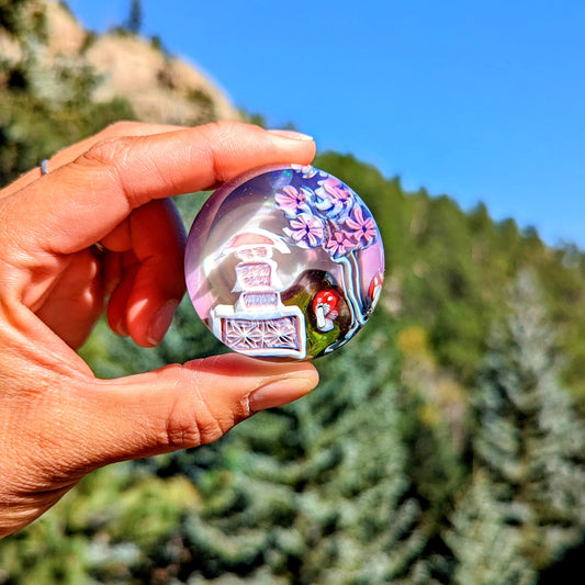 Piper Dan Asanoha Castle Scene, 2023 UV Reactive Borosilicate Glass Marble 45.5 mm Hand blown glass made by Piper Dan (Daniel Benway). Signed "DB" + Dated "2023"