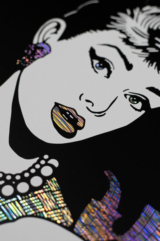 Audrey Chipstack, 2024 Screen Print on Holographic Foil Paper 11 x 17 in Edition of 50 Signed, Numbered + Dated by the artists. Inspired by the work of Chris Carlson (AKA Carlson Jones). Designed by Pyroscopic and Slinger.