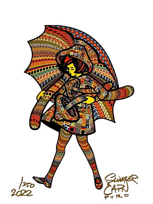 Slinger x Crunklestein x Pyroscopic Capn Crunk Girl, 2022 Screen Print on Antique Ivory Archival Paper 11 x 14 in Edition of 250 Signed, Numbered + Dated by the artists.