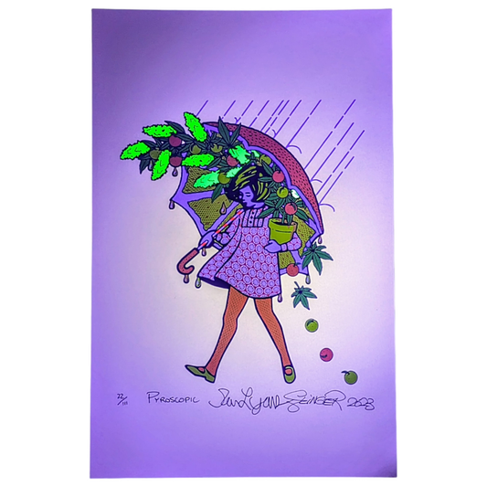 Slinger x Sam Lyons x Pyroscopic Citrus Terp Girl, 2023 Screen Print on Antique Ivory Archival Paper 11 x 17 in Edition of 111 Signed, Numbered + Dated by the artists. Inspired by the work of Sam Lyons (AKA Lyons Glass). Designed by Pyroscopic and Slinger.