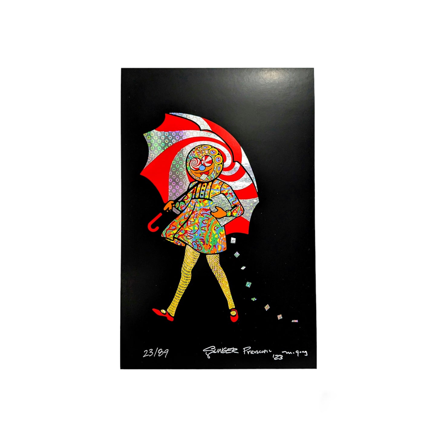 Slinger x Original Gongster x Pyroscopic Acid Eater Girl, 2023 Screen Print on (Circles) Foil Paper 11 x 17 in Edition of 89 Signed, Numbered + Dated by the artists. Inspired by the work of Mike Gong (AKA Original G Glass). Designed by Pyroscopic and Slinger.