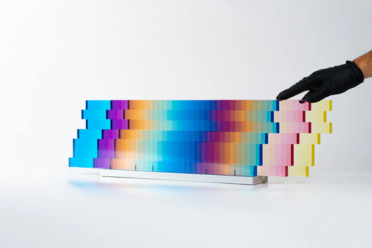 Felipe Pantone Subtractive Variability Manipulable 6, 2023 UV paint, PMMA, UHS Lacquer, linear slide bearings, aluminum 7.08 x 21.26 (25.59 fully extended) x 2.83 in / 12.13 lb Edition of 200 Hand Signed & Numbered by the artist. Accompanied by Certificate of Authenticity, original artist packaging and gloves. Edition entirely created and produced at Felipe Pantone's Studio in Valencia, Spain.