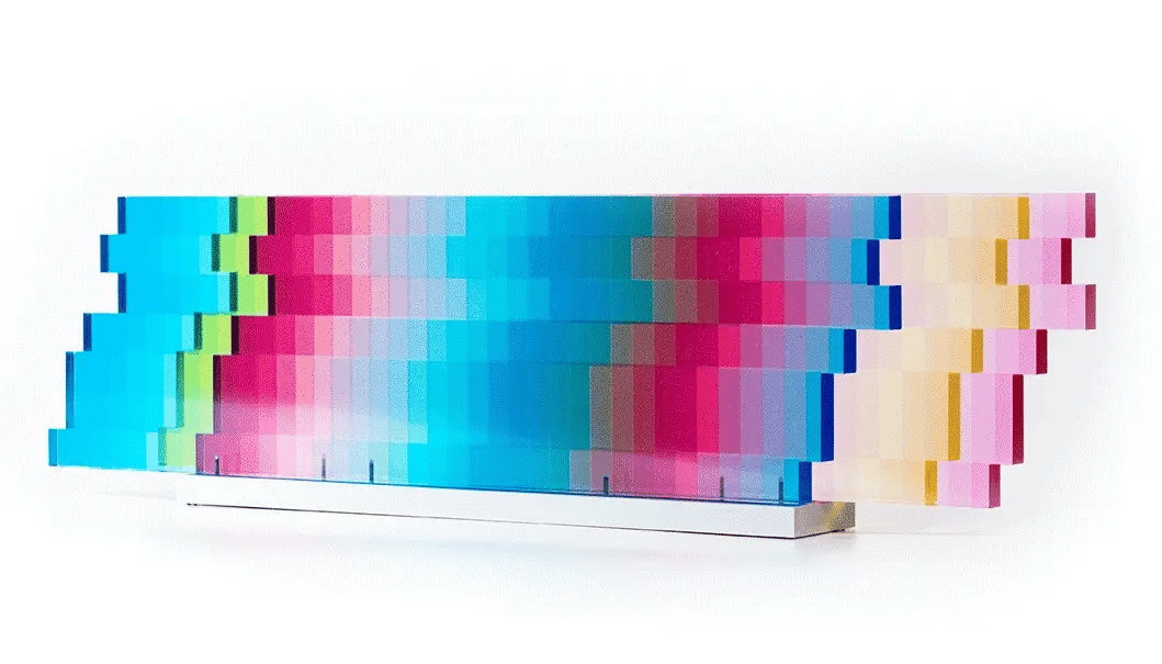 Felipe Pantone Subtractive Variability Manipulable 6, 2023 UV paint, PMMA, UHS Lacquer, linear slide bearings, aluminum 7.08 x 21.26 (25.59 fully extended) x 2.83 in / 12.13 lb Edition of 200 Hand Signed & Numbered by the artist. Accompanied by Certificate of Authenticity, original artist packaging and gloves. Edition entirely created and produced at Felipe Pantone's Studio in Valencia, Spain.