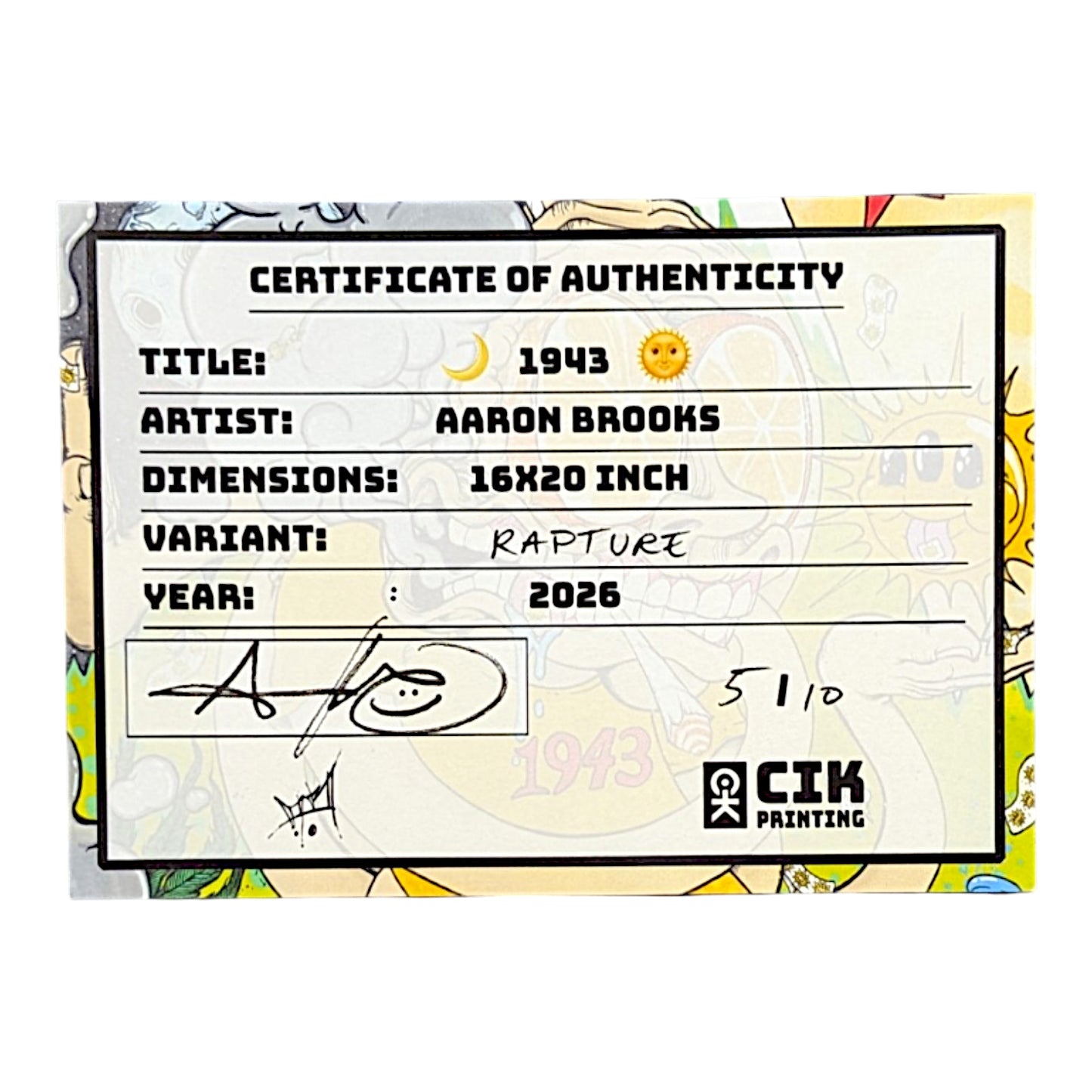 Aaron Brooks
1943 (Rapture Foil), 2026
Giclée print on cold pressed cotton paper
16 x 20 in
Edition of 10
Hand numbered in lower right corner. Accompanied by Certificate of Authenticity hand signed + numbered by the artist.