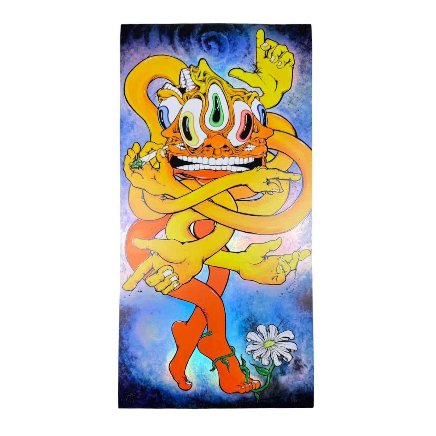 Aaron Brooks
Easy Skankin' (Rainbow), 2026
Holo-giclée with embossed gloss on rainbow foil paper
12 x 24 in
Edition of 100
Hand numbered by the artist. Accompanied by Certificate of Authenticity hand signed + numbered by the artist.