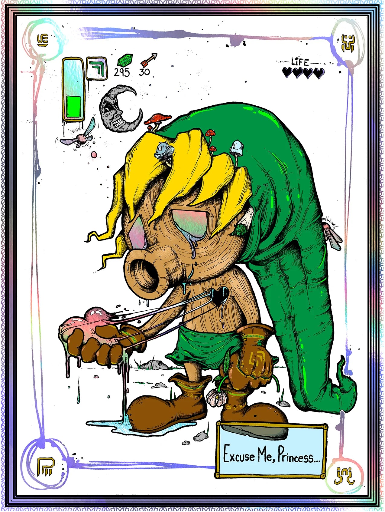 Aaron Brooks
Excuse Me, Princess (Medium Rainbow Foil), 2024
Archival Pigment Print with deckled edges on Cold Press cotton paper
12 x 16 in
Edition of 125
Hand Signed + Numbered by the artist. Printed by CIK PRINTING in Boulder, Colorado.