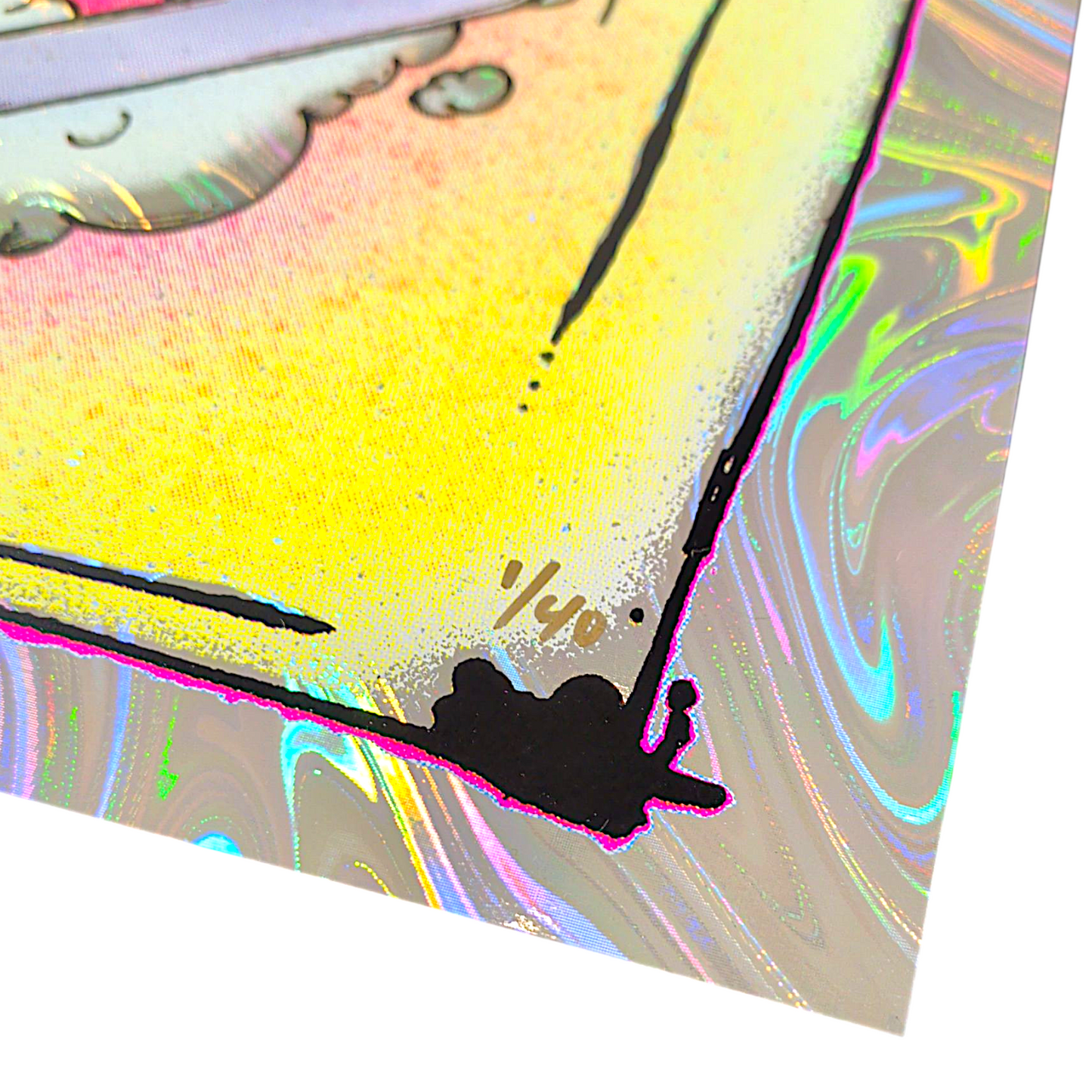 Aaron Brooks
Pinball Wizard (Swirl Foil), 2025
Screenprint on swirl foil with UV reactive ink
18 x 24 in
Edition of 40
Hand Signed + Numbered by the artist. Printed in Colorado by CIK STUDIOS.