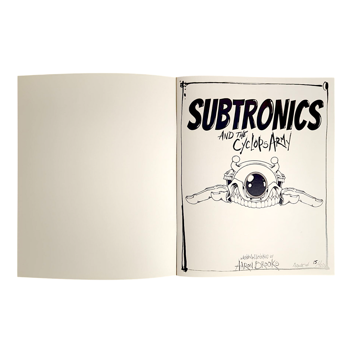 Aaron Brooks Subtronics and the Cyclops Army Comic Book
Title: Subtronics and the Cyclops Army
Artist: Aaron Brooks
Author: Aaron Brooks
Binding: Softcover
Pages: 20 pages
Edition of 420