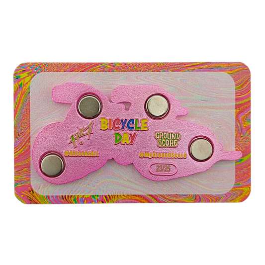 Aaron Brooks x Ground Score
Bike Day (Magenta Metal), 2025
3D mold magnet with 2D layers & epoxy
Approx. 3.25 x 1.5 in | 2.5 mm thick
Edition of 25