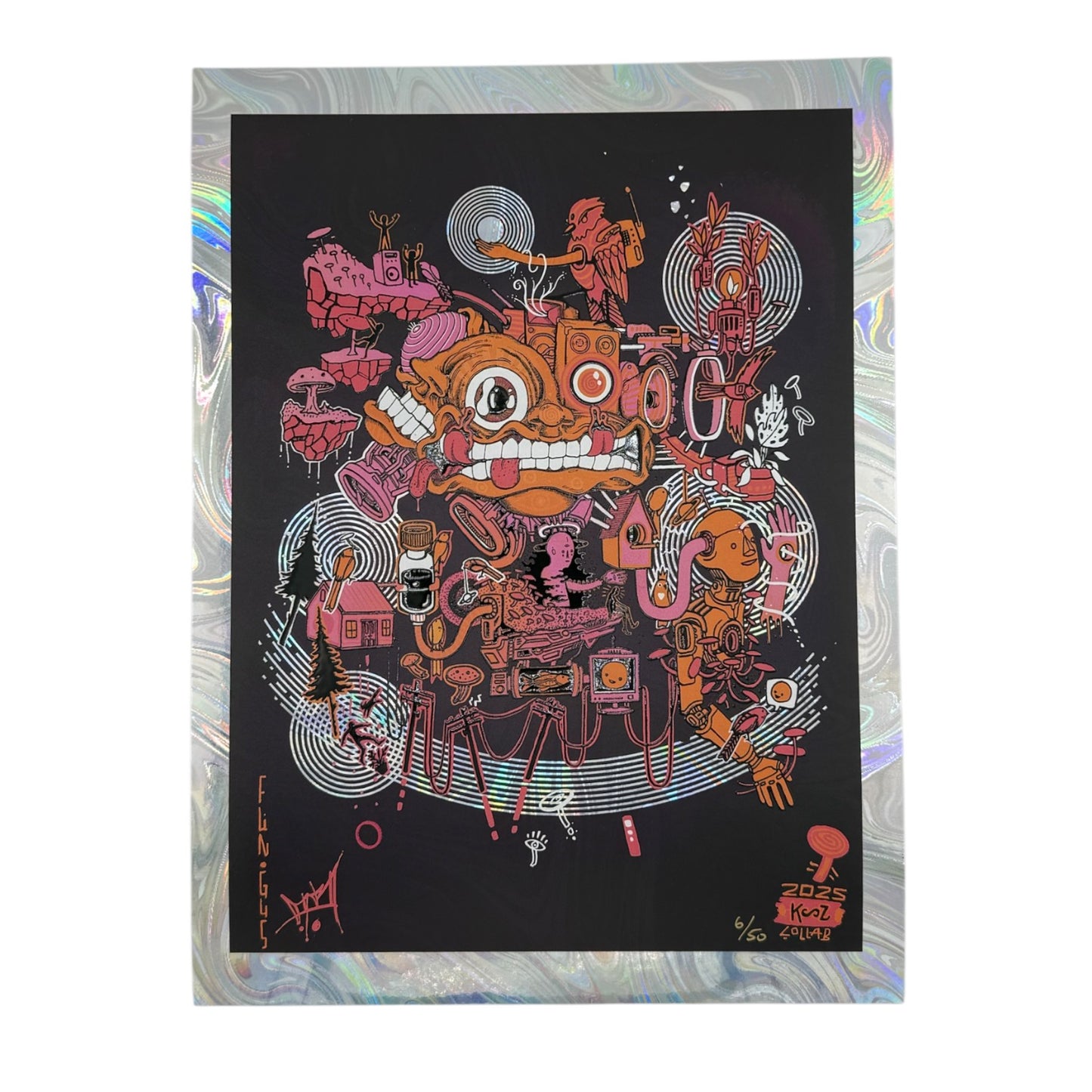 Aaron Brooks x Kooz
Fun Gus (Raspberry), 2025
Holo Giclee with Embossed Gloss Varnish
9 x 12 in
Edition of 50
Hand signed + numbered by the artist. Accompanied by Certificate of Authenticity. Printed in Colorado by CIK STUDIOS.
