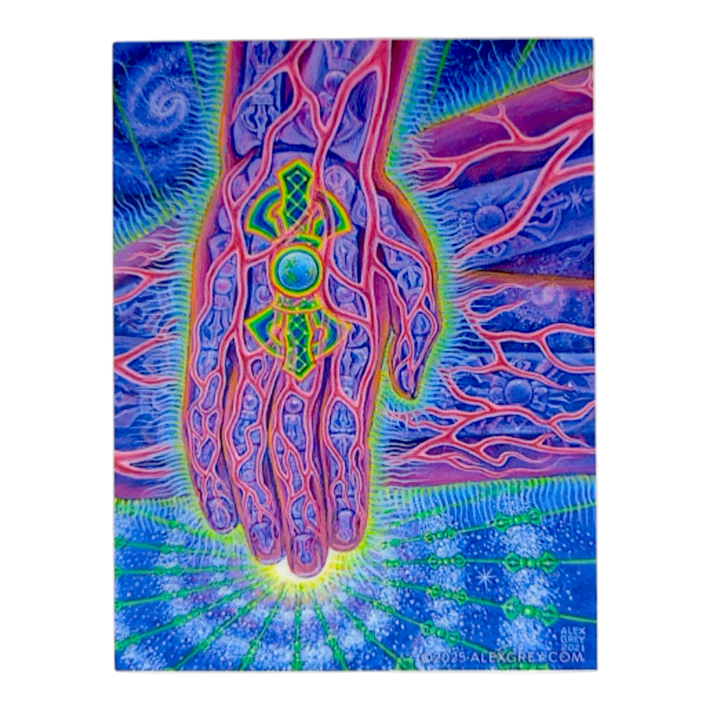 Colorful abstract design with hands and spiritual symbols on a blue background