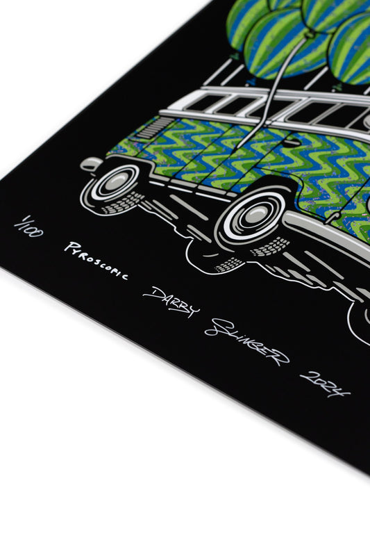 Darby x Slinger x Pyroscopic (Parking Lot Collective)
Flying Bus, 2024
Screen Print on Holographic Paper
11 x 17 in
Edition of 100
Hand Signed, Numbered + Dated by the artists. Inspired by the work of Darby Holm. Designed by Pyroscopic and Slinger (Parking Lot Collective).