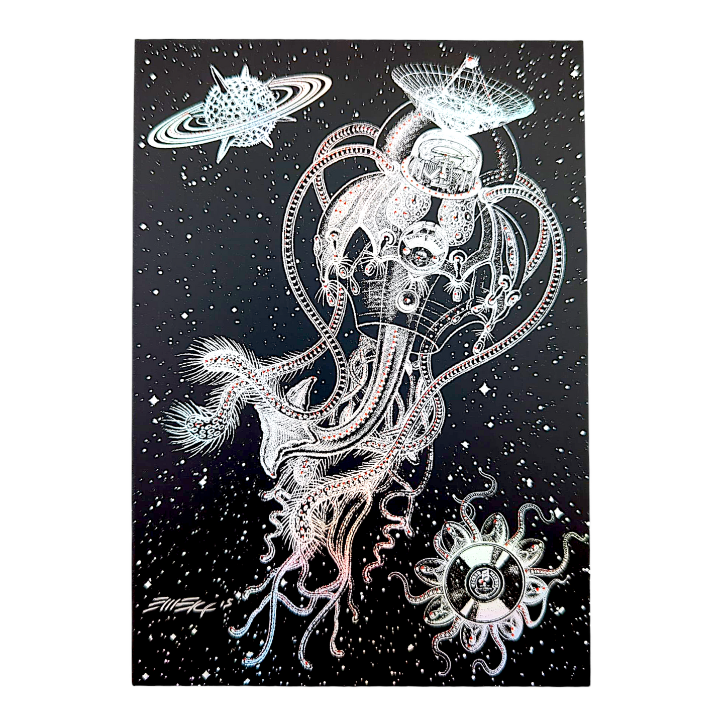 Emek
Microorganism Satellite, 2015
Gicleé Print on Foil Paper
5.25 x 7.5 in
Hand signed + dated by the artist