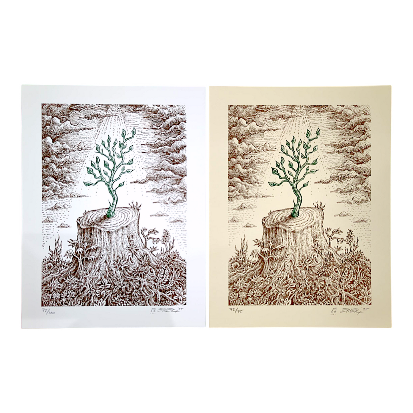 Emek
The Re-Giving Tree, 2025
Set of (2) Letterpress prints on 320 GSM cotton paper
10.5 x 8 in
Edition of 75 (Cream) | Edition of 100 (White)
Hand signed, numbered, dated + doodled by the artist. Set includes matching edition numbered prints.