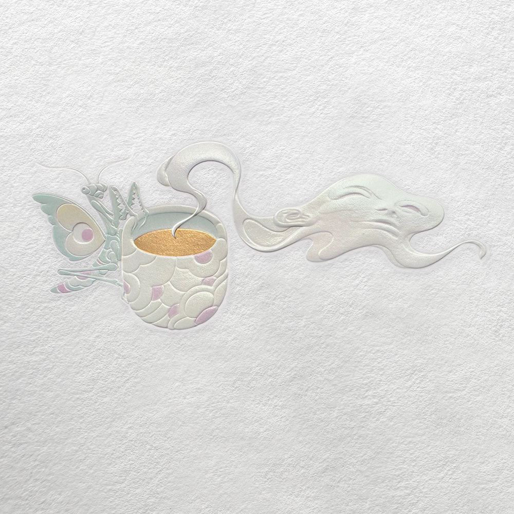 James Jean
Teatime III, 2025
Archival Print on Cotton Rag Paper
Print: 27-3/16 x 21-13/16 in | Image: 22-1/16 x 17-5/8 in
Edition of TBD
Hand Signed + Numbered by the artist
FROM JAMES JEAN
The leaves steep in hot water and release their essence. The guest pauses for a moment of reflection as the liquid flows from vessel to vessel. White wisps of steam drift and dissolve into the air. In her earpiece, instructions arrive in hushed tones. The soft murmur of the pouring fades, and the ritual is complete.