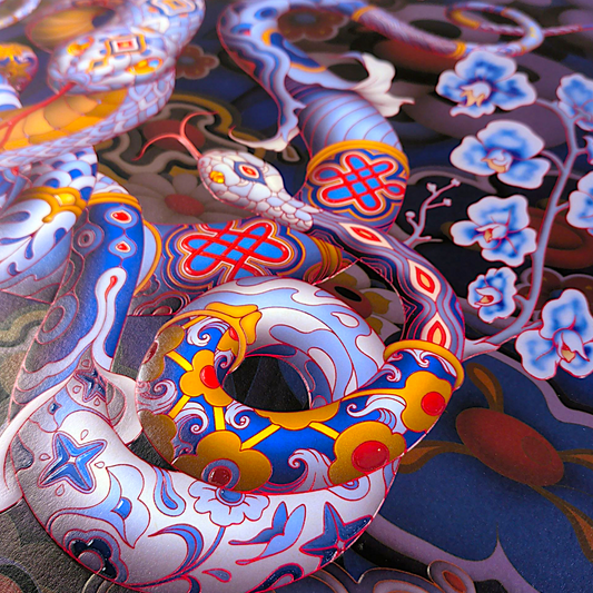 James Jean
Year of the Snake, 2025
Archival Print on Cotton Rag Paper
Print: 24-1/2 x 21-5/8 in | Image: 22 x 18-5/8 in
Edition of 491
Hand Signed + Numbered by the artist