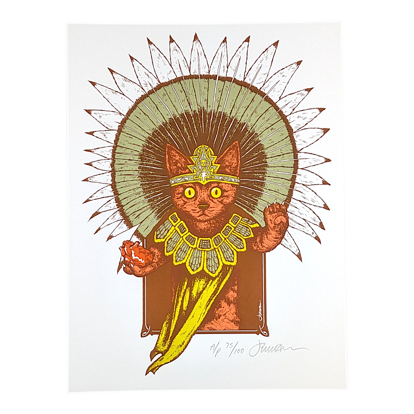 Jermaine Rogers
Gatito Sacerdote Azteca, 2024
Screen print
9 x 12 in
Artist's Proof Edition of 100
Hand signed + numbered by the artist