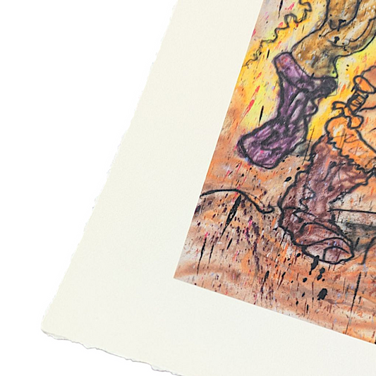 Madsaki
Masters of the Universe Power and Sword, 2022
Art Print With Deckled Edges
19.3 x 24.75 in
Limited Edition
Renowned Contemporary Artist Madsaki holds a special place in his heart for Masters of the Universe. When he first moved to America, the OG cartoon helped him to learn English while the ‘80s animation helped fuel his artistic imagination. This art print (based on his signature acrylic and aerosol on canvas style) features the Masters in action with his signature colors and flair.