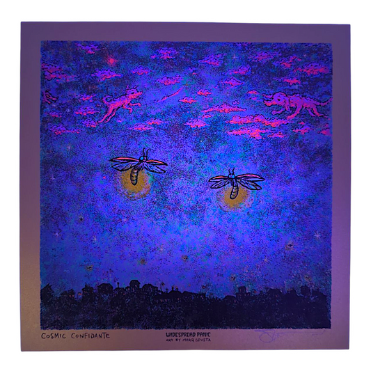 Marq Spusta
Cosmic Confidante (Gold), 2025
Screen print
8 x 8 in
Hand Signed by the artist. Imagery is from the singles cover art from the Widespread Panic album, Snake Oil King.