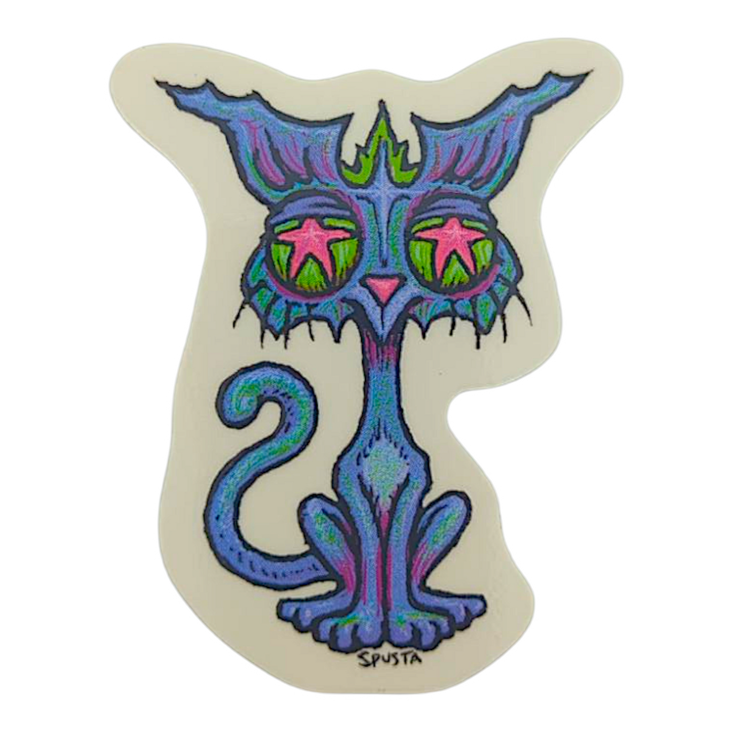 Marq Spusta Percy Cat Sticker
2.5 x 1.75" die cut
Screen printed on clear vinyl
Weatherproof