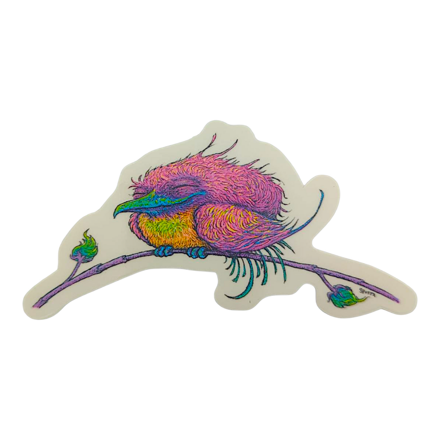 Marq Spusta Pleased and Perched Sticker
4 x 2" die cut
Screen printed on clear vinyl
Weatherproof