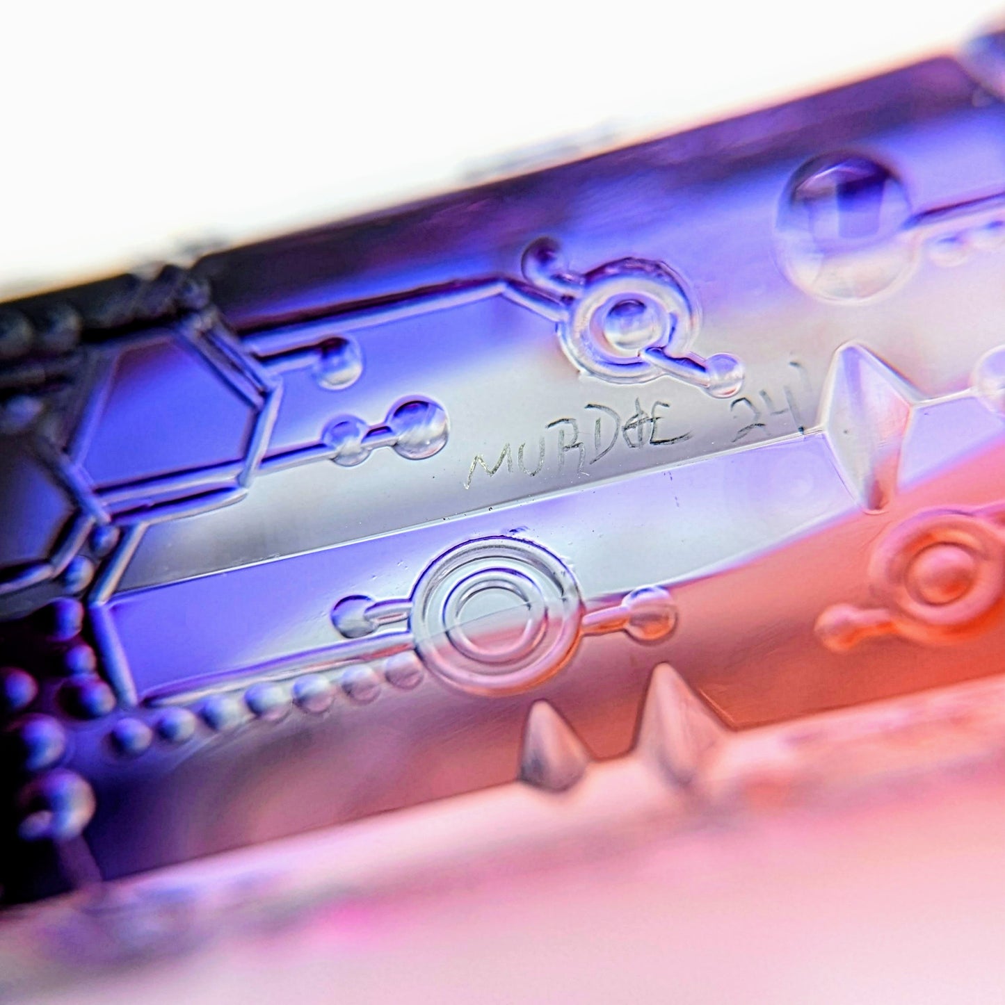 Murdoc (David Trout)
Molecular Decoded Crystal, 2024
Borosilicate Glass Paperweight
97 x 32 x 23 mm
Hand blown and cold-worked glass created by Murdoc (David Trout). Signed + Dated by the artist