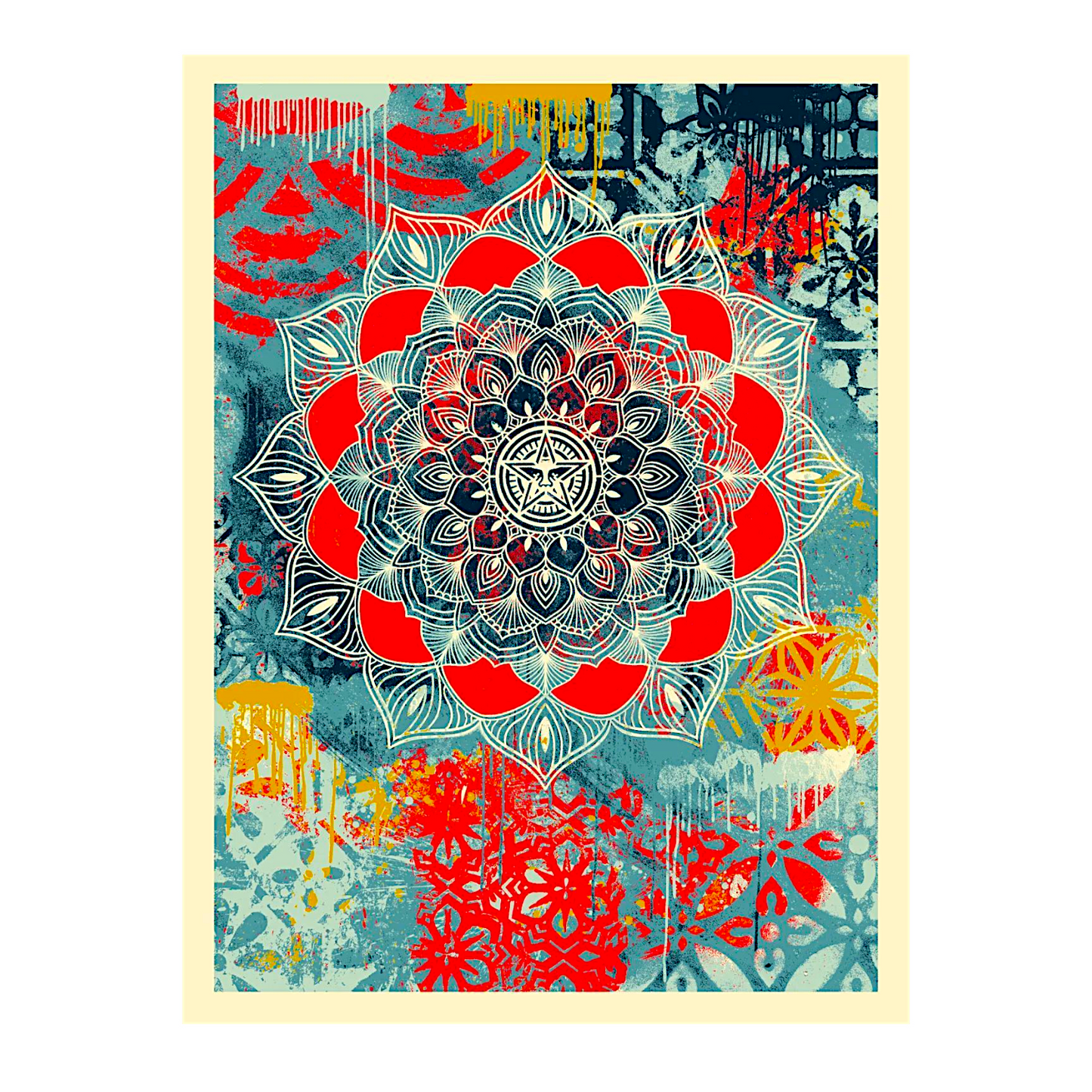 Shepard Fairey (Obey Giant)
Chaos Mandala, 2025
Screen print on thick cream Speckletone paper
18 x 24 in
Edition of 550
Hand Signed & Numbered by the artist. Accompanied by Digital Certificate of Authenticity provided by Verisart.
FROM SHEPARD FAIREY
This Chaos Mandala print merges two seemingly contrasting concepts and aesthetics…chaos and harmony. I have always been fascinated by the cyclical chaos of posters and graffiti accumulating on the streets and then being ripped at by humans and the elements. T