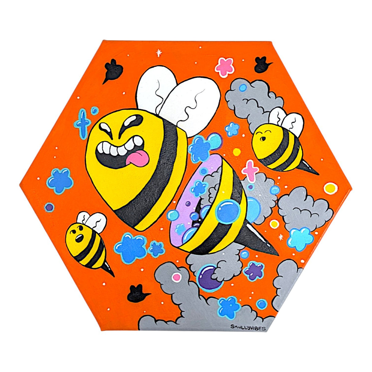 Skully Vibes
Bee Open, 2025
Acrylic on Hexagon Canvas
15.5 x 13.5 in
Hand signed, titled, dated + doodled by the artist on verso