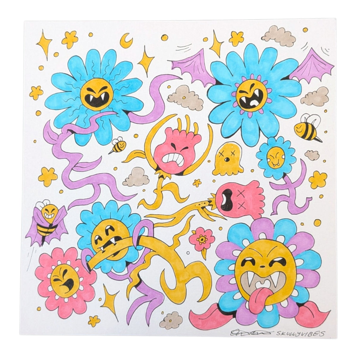 Skully Vibes Vampire Flowers, 2026 Ink and Copic Marker on Bristol 7 x 7 in Hand signed by the artist