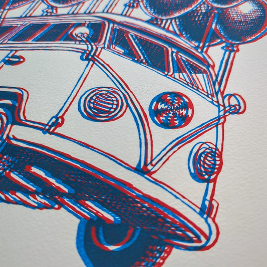 Slinger x Pyroscopic (The Parking Lot Collective)
3D Flying Bus, 2025
2 Color Screen Print on 140 lbs Acid Free Watercolor Paper
12 x 16 in
Edition of 33
Hand Signed, Numbered + Dated by the artists.