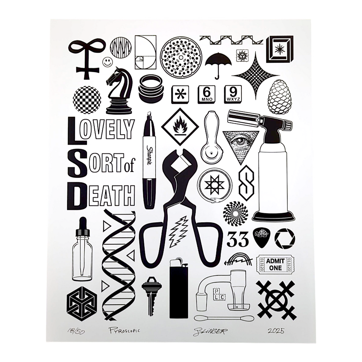 Slinger x Pyroscopic (The Parking Lot Collective)
LSD Flashback, 2025
Screen Print on Acid Free Archival Paper
14 x 17 in
Edition of 50
Hand Signed, Numbered + Dated by the artists.
