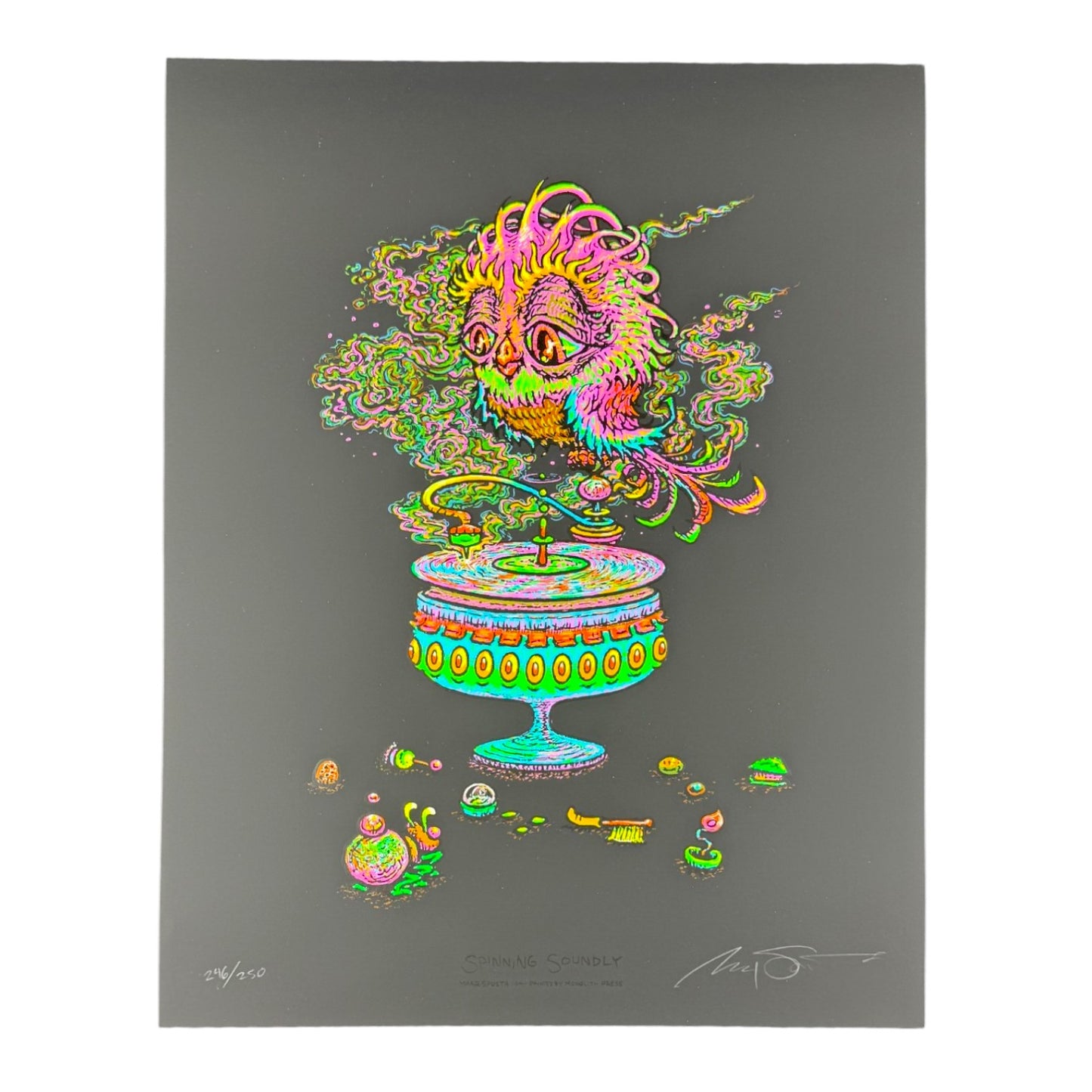 Marq Spusta
Spinning Soundly (Black Rubber), 2025
Screen print
11 x 14 in
Edition of 250
Hand signed + numbered by the artist