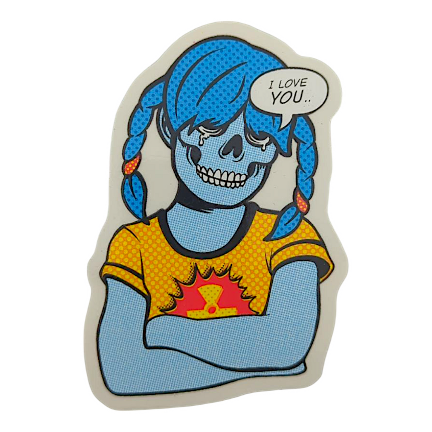 Zoltron Sue Nami (I Love You..) Sticker
2.75 x 4" die cut vinyl sticker
Screen printed on clear vinyl
Weatherproof