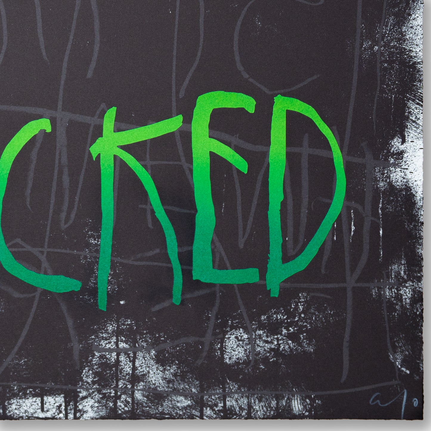CB Hoyo We Are All F*cked (Blue and Green), 2021 5-colors lithograph, 3 printing passes with Marinoni lithographic press, hand cut on BFK Rives 300 g 45.67 in. x 29.53 in Edition of 50 Hand signed by the artist, numbered and stamped by the publishing house, Print Them All. Accompanied by Certificate of Authenticity.