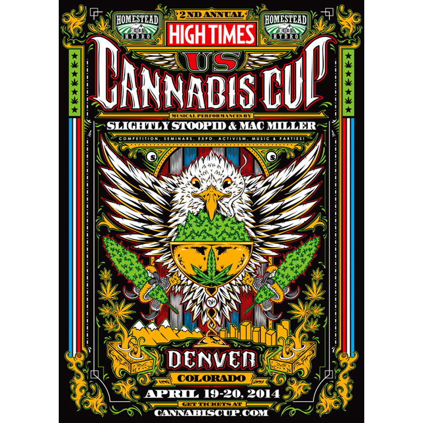 High Times x Seedless Official 1st Recreational Cannabis Cup Denver Print, 2014 Archival Digital Print on Heavy Cardstock 18 x 12 in Edition of 100 Signed "D.H." Feat. Slightly Stoopid + Mac Miller. Gift given VIP ticket holders at the 1st Legal Recreational Cannabis Cup in Denver, Colorado April 19th - April 20th, 2014.