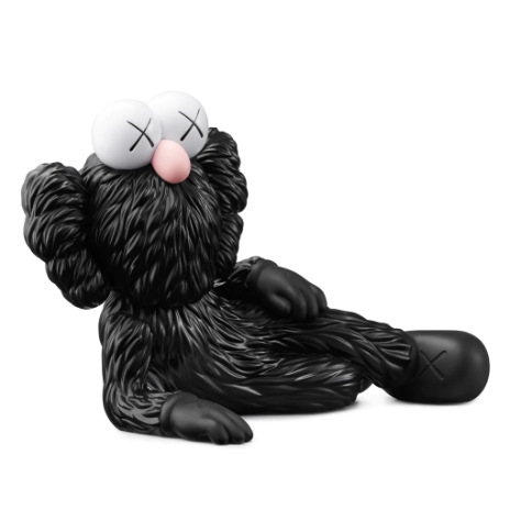 KAWS Time Off (Black), 2023 Vinyl figure 7.1 x 11 x 5.9 in KAWS is continuing his new standing tradition of Valentine's Day drops, with the release of his TIME OFF Vinyl Figures. The TIME OFF vinyl figure is lying down on his right side, with his legs crossed, and right hand supporting its head. The pink BFF figure has pink "X" marked eyes and "X" marked hands and feet, identical to KAWS’ Companion character. Each figure measures 7.1 x 11 x 5.9" and comes with a protective KAWS branded box.