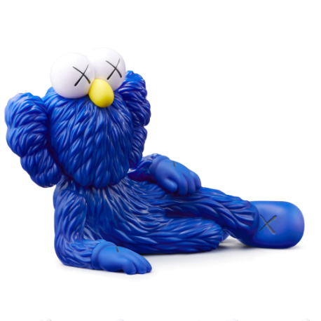KAWS Time Off (Blue), 2023 Vinyl figure 7.1 x 11 x 5.9 in KAWS is continuing his new standing tradition of Valentine's Day drops, with the release of his TIME OFF Vinyl Figures. The TIME OFF vinyl figure is lying down on his right side, with his legs crossed, and right hand supporting its head. The pink BFF figure has pink "X" marked eyes and "X" marked hands and feet, identical to KAWS’ Companion character. Each figure measures 7.1 x 11 x 5.9" and comes with a protective KAWS branded box.