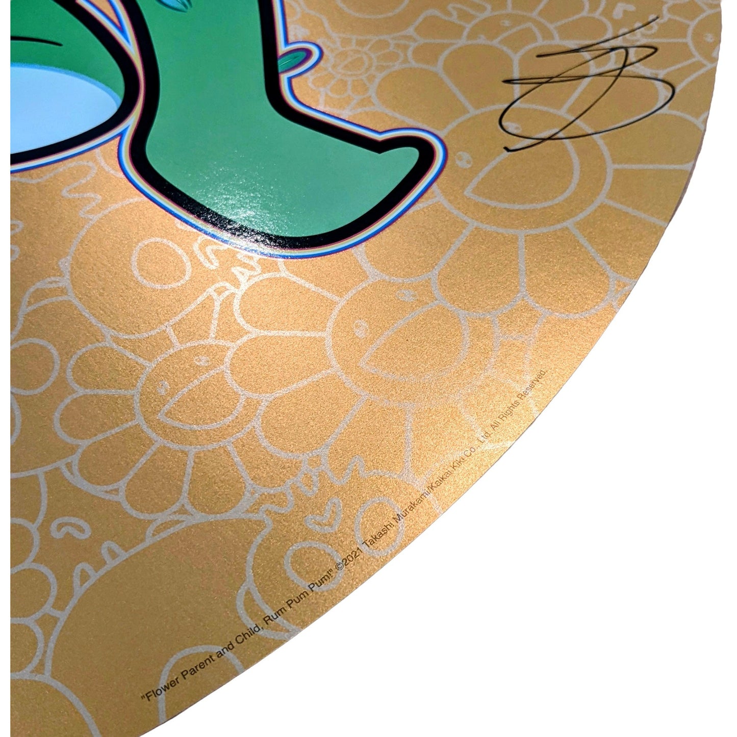 Takashi Murakami Flower Parent and Child, Rum Pum Pum, 2021 Offset lithograph, cold stamp, high gloss varnishing 21.7 in diameter Edition of 300 Hand Signed + Numbered by the artist. © Takashi Murakami/Kaikai Kiki Co., Ltd. All Rights Reserved.