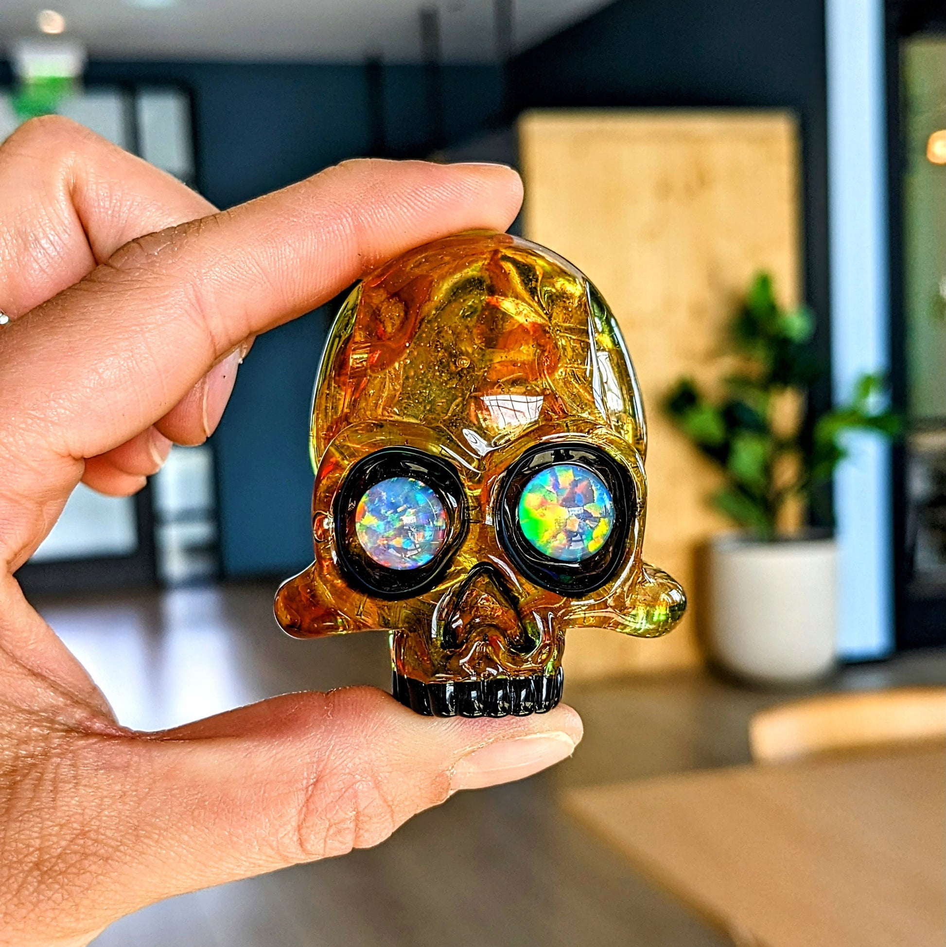 AKM  Skull, 2018 Borosilicate Glass Pendant with Opal Eyes Approx. 2.4 x 2.4 in  Hand blown glass made by AKM. Signed "AKM" + Dated "2018"