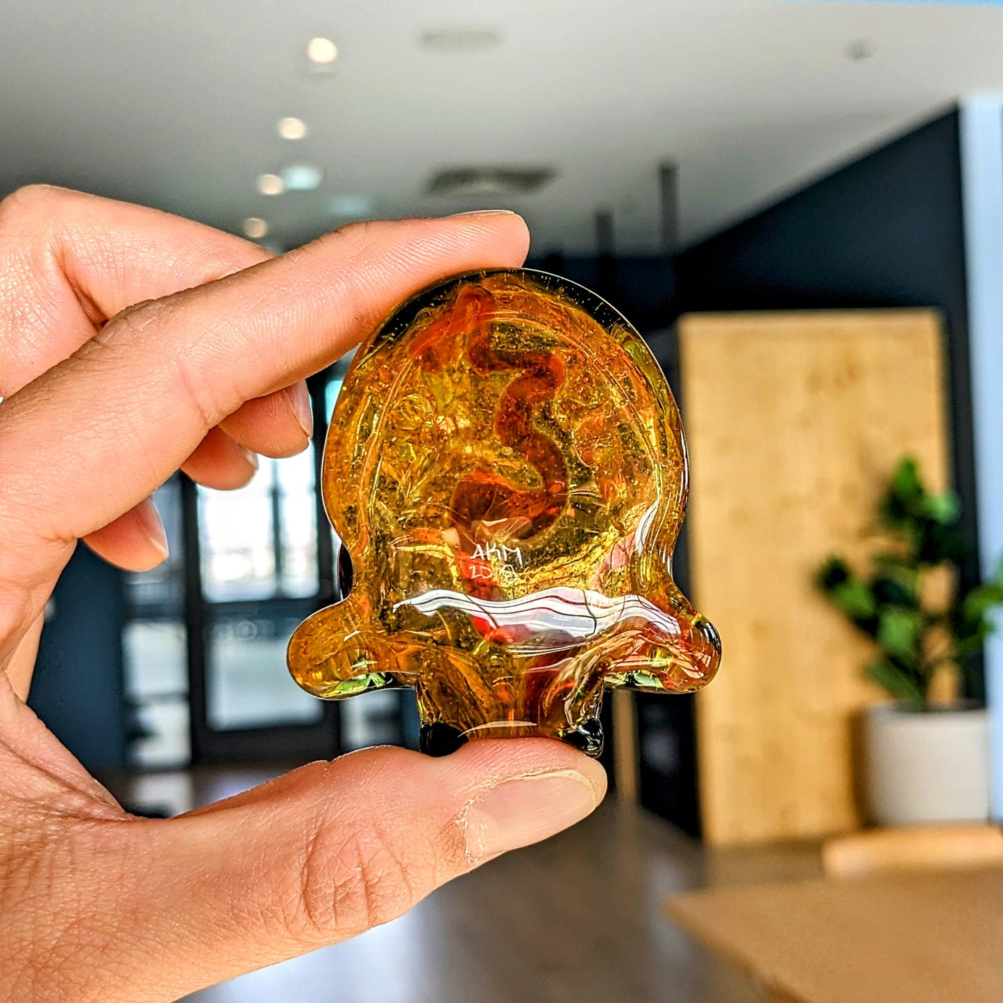 AKM  Skull, 2018 Borosilicate Glass Pendant with Opal Eyes Approx. 2.4 x 2.4 in  Hand blown glass made by AKM. Signed "AKM" + Dated "2018"