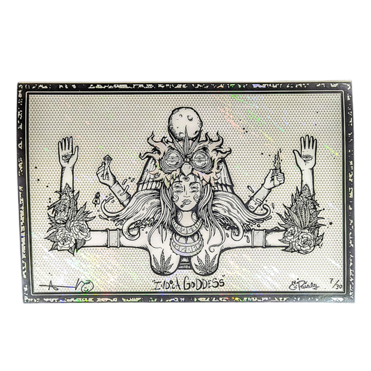 Aaron Brooks x Ellie Paisley Indica Goddess, 2024 3 Color Screen Print on White Lava Foil 12 x 18 in Edition of 30  Hand Signed + Numbered by the artists. Printed in Colorado by CIK STUDIOS.