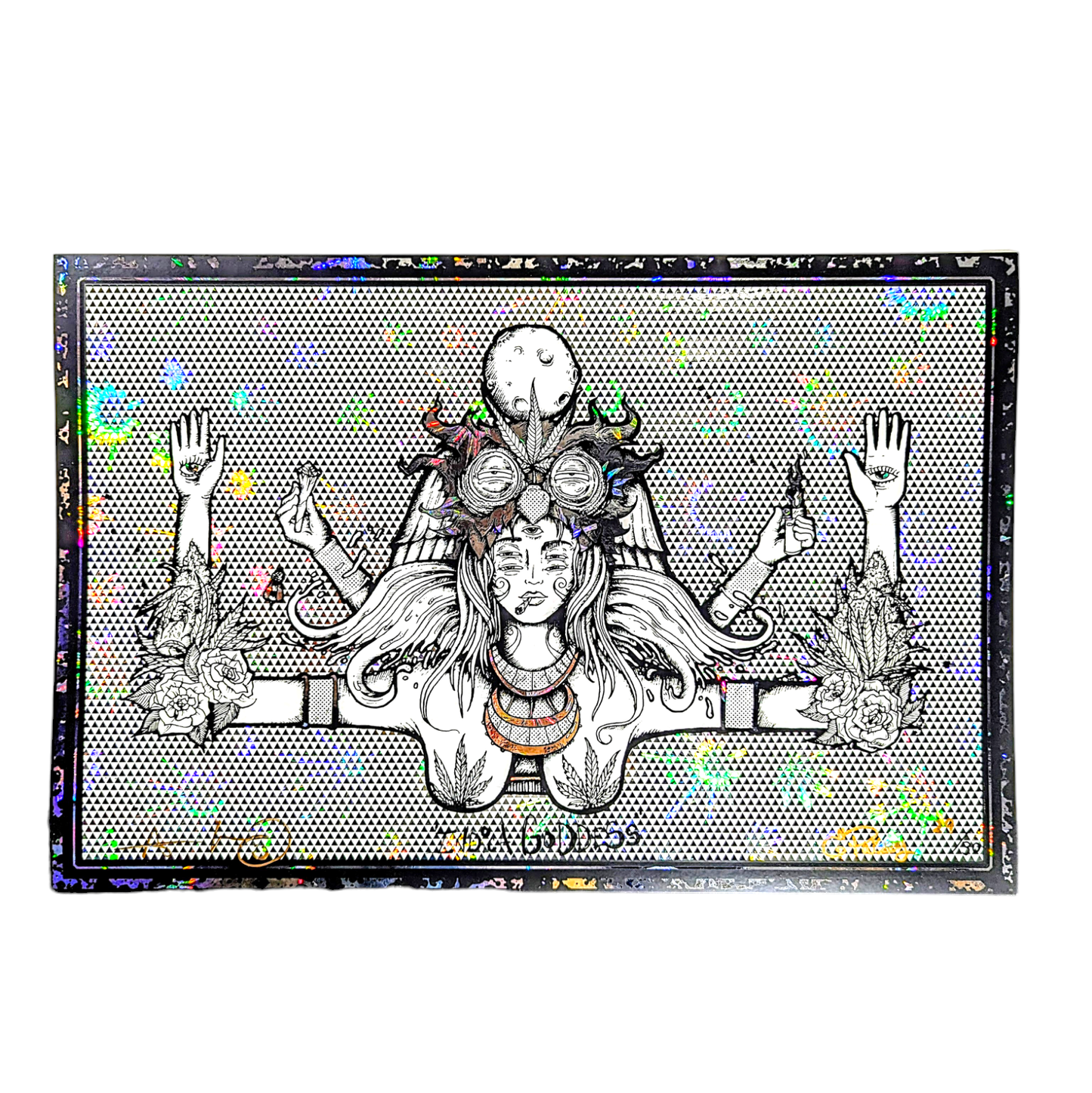 Aaron Brooks x Ellie Paisley Indica Goddess, 2024 3 Color Screen Print on Leaf Foil 12 x 18 in Edition of 30  Hand Signed + Numbered by the artists. Printed in Colorado by CIK STUDIOS.